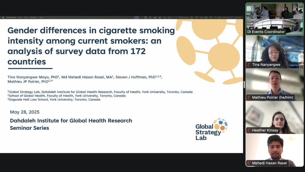 A screenshot featuring the zoom meeting for the webinar Smoking Intensity, Gender and Contributing Factors, with Tina Nanyangwe-Moyo and Mehedi Hasan Rasel